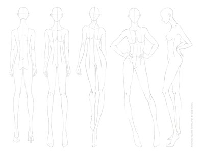 Female FASHION DESIGN CROQUIS Template Front Side Back Views