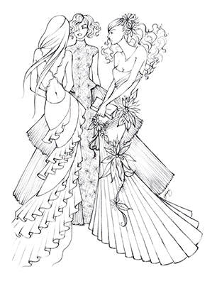 FASHION COLORING PAGE: 3 Friends at a Gala